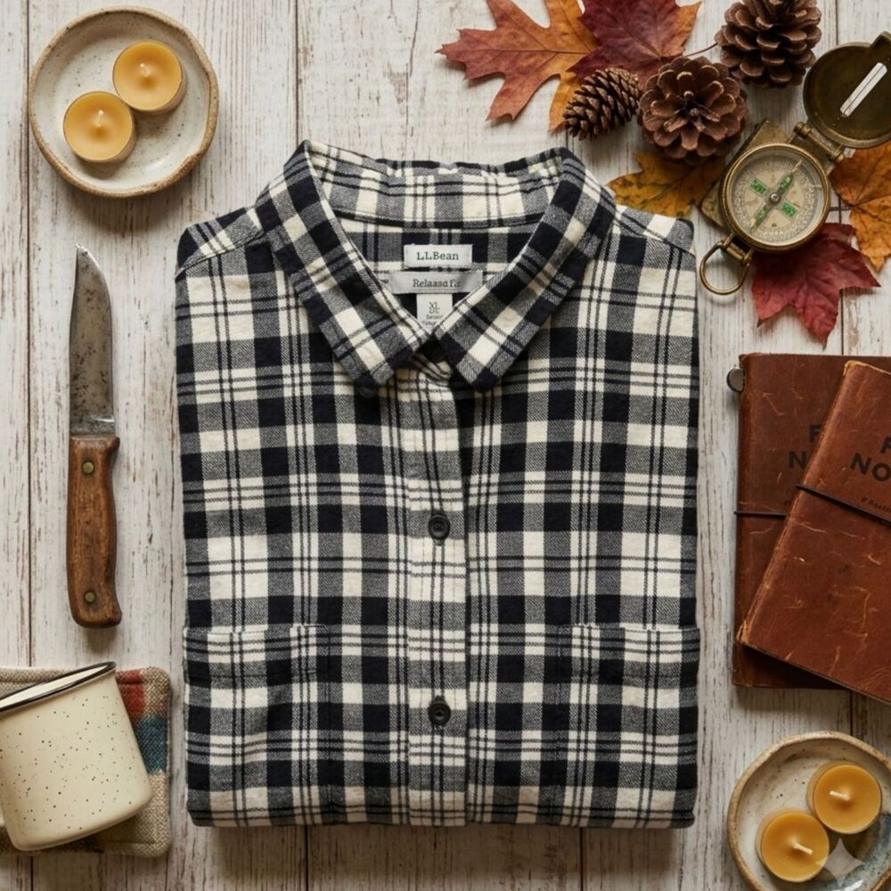 LL Bean Flannel Shirt XL Black White Plaid Cotton Button Down Long Sleeve Cabin - Picture 1 of 7